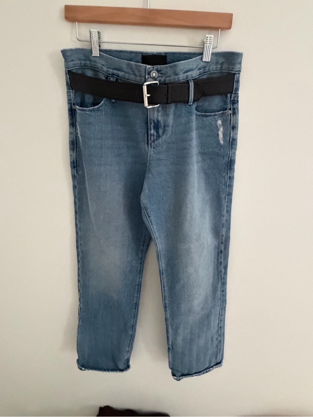 RtA Dexter Half Belt Jeans Straight Leg Factory Distressed Blue Wash Denim Small - Picture 2 of 13